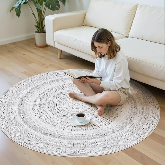 cotiled 5x5 Round Area Rug Living Room: Washable Boho Rugs with Non Slip Backing Large Soft Indoor Stain Resistant Carpet for Bedroom Farmhouse Dining Room Lightweight Home Decor Dark Grey