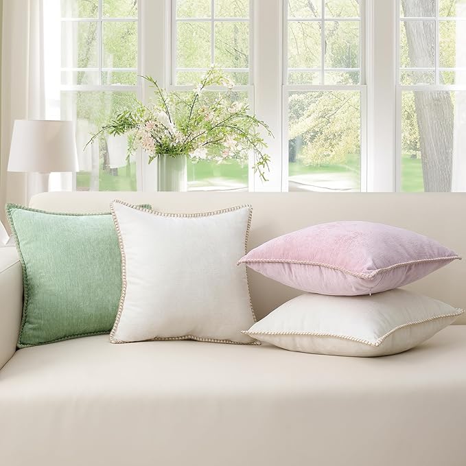decorUhome Summer Chenille Soft Cozy Throw Pillow Covers 24x24 Set of 2, Modern Farmhouse Boho Velvet Decorative Euro Sham Pillow Cases with Stitched Edge for Couch Sofa Bed Home Decor, Cream White
