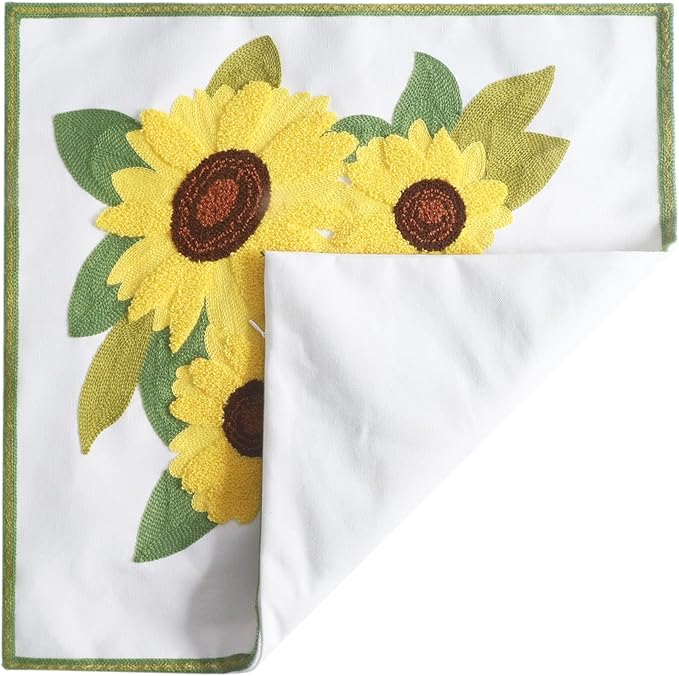 Embroidery Throw Pillow Covers 4 Sunflowers 18x18 Inch Decorative Cushion Case Floral Design 100% Cotton Home Decor Yellow Flowers 45x45cm, 1 Piece