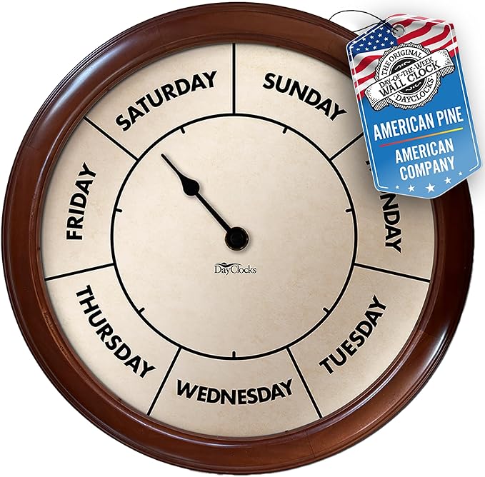 Large Day of The Week Wall Clock with 14” Solid Pine Wood Frame – High Visibility – Ideal Retirement Gift for Men and Women, Day Clock for Seniors and Retirees