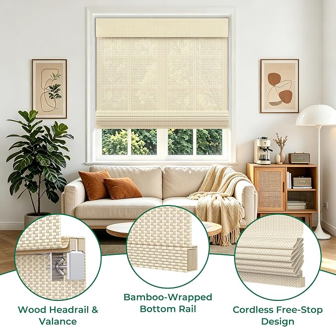 Allesin zen No Drill Cordless Bamboo Roman Shades, Light Filtering Ivory, Custom Size