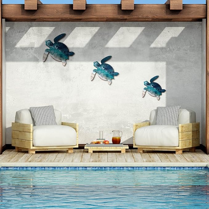 Bucherry 3 Sizes Wooden Sea Turtle Wall Decor Turtle Wall Art Beach Theme Art Decorations Vintage Coastal Ornaments for Pool Home Lake House Bathroom Garden Indoor Outdoor(Dark Blue)