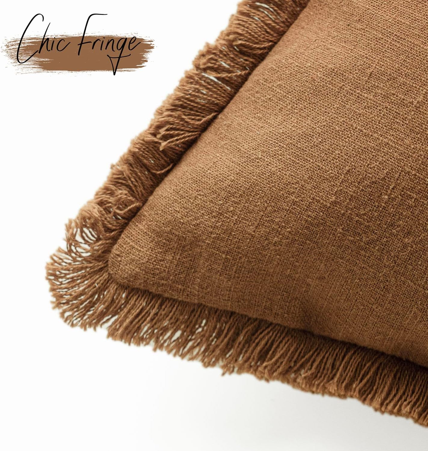 Foindtower Set of 2 Decorative Linen Fringe Throw Pillow Covers Boho Farmhouse Cushion Cover with Tassels Soft Accent Pillowcase for Couch Sofa Bed Living Room Home Decor,24×24 Inch,Orange Brown