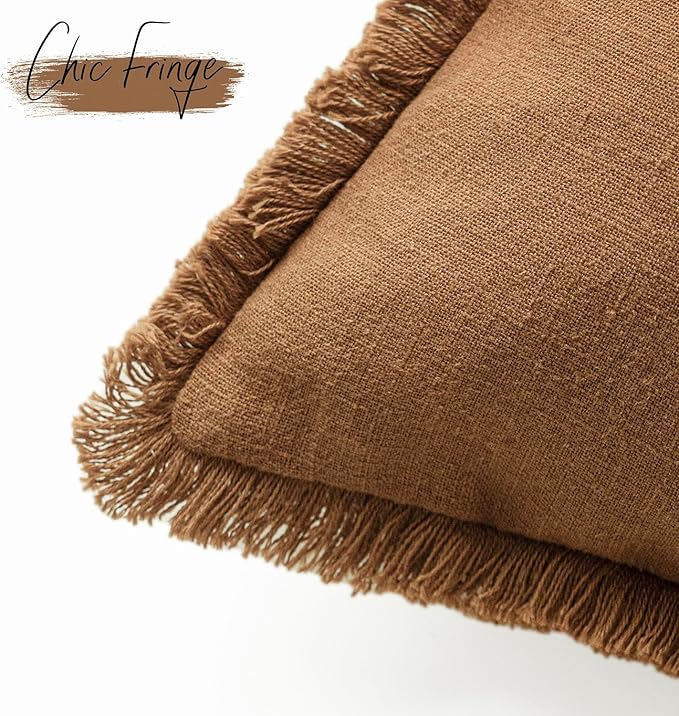 Foindtower Set of 2 Decorative Linen Fringe Throw Pillow Covers Boho Farmhouse Cushion Cover with Tassels Soft Accent Pillowcase for Couch Sofa Bed Living Room Home Decor,22×22 Inch,Orange Brown
