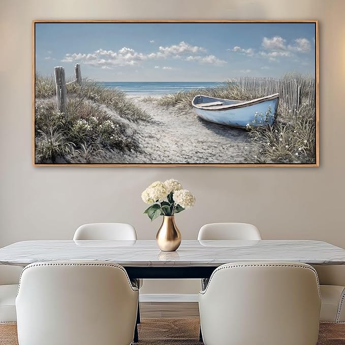 Coastal Wall Art for Living Room Vintage Boat Artwork for Walls, Framed Landscape Canvas Wall Art Blue Ocean Beach Pictures, Farmhouse Sailboat Bedroom Decor Above Bed 29×58IN