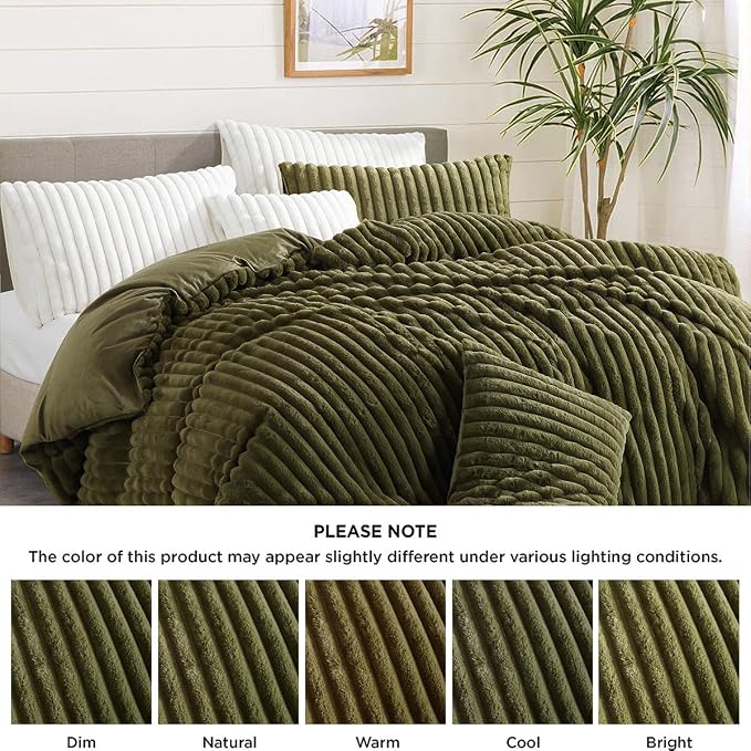 Nayoroom Fluffy Faux Fur Duvet Cover Queen Size Velvet Flannel Olive Green Striped Reversible Comforter Cover Winter Warm 3 Pcs Luxury Soft Shaggy Plush Fuzzy Bedding Set with Zipper Closure