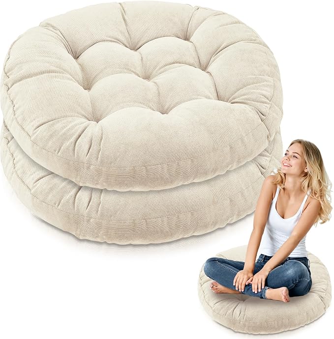 Jerify 2 Pcs Floor Pillow Cushions Large Round Square Large Meditation Floor Pillow for Classroom Adult Meditation Picnic Party Seating Learning Daycare School (Round,Beige)