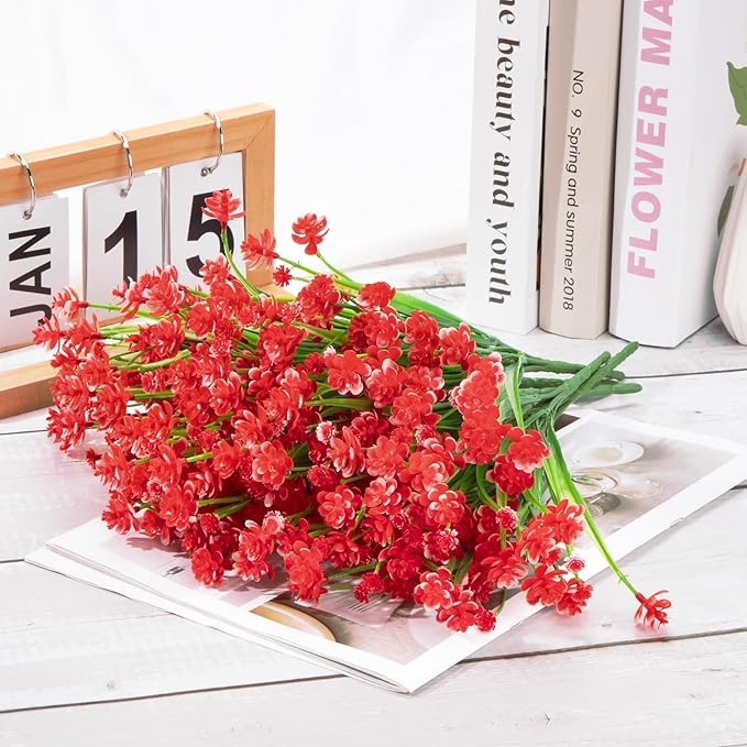 Ouddy Decor 24 Bundles Artificial Flowers for Outdoors UV Resistant Fake Plastic Plants Faux Greenery Stems for Spring Summer Indoor Garden Patio Window Box Kitchen Home Decor, Red