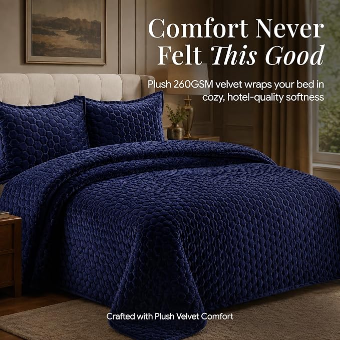 Tribeca Living Lugano Oversized Velvet Quilt Set - All Season, Extra Large, 2 Piece Twin Size Comforter Set with 1 Pillow Sham in Indigo Honeycomb Pattern 260GSM