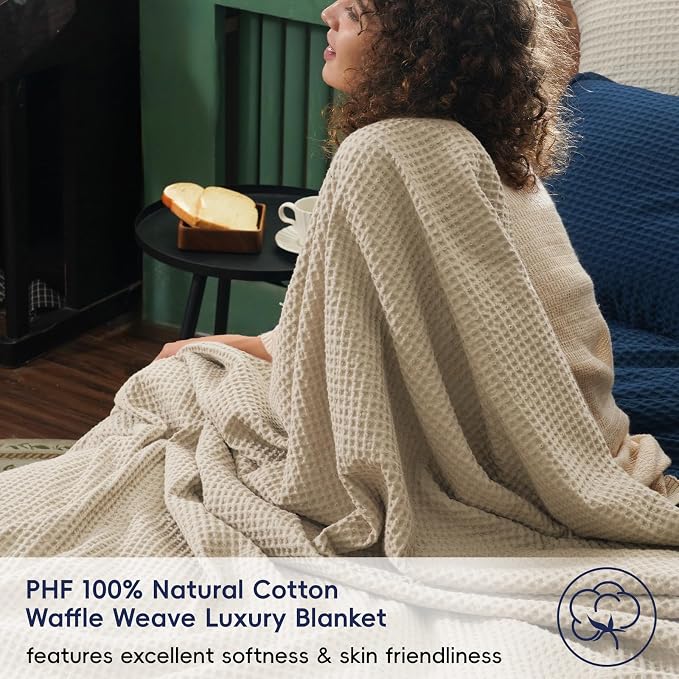 PHF 100% Cotton Waffle Weave Family Blanket Oversized King 120"*120", Pre-Washed Lightweight Breathable, Machine Washable,10'x 10' Huge Extra Large Big, Home Decoration Gift - Khaki/Simply Taupe