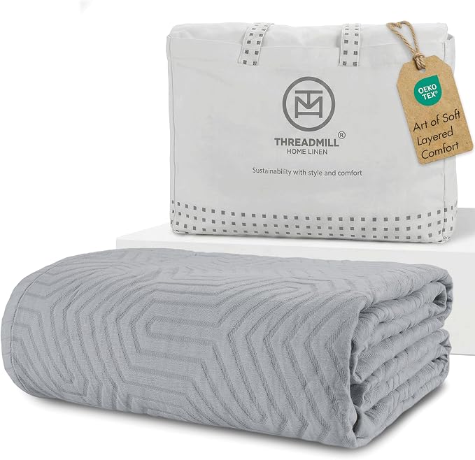 Threadmill Luxury Cotton Blankets for Queen Size Bed | All-Season 100% Cotton Queen Size Blanket | Aster Jacquard Cozy Lightweight, Soft Breathable Coverlet fits Full Size Bed, 90x92 | Scottish Grey