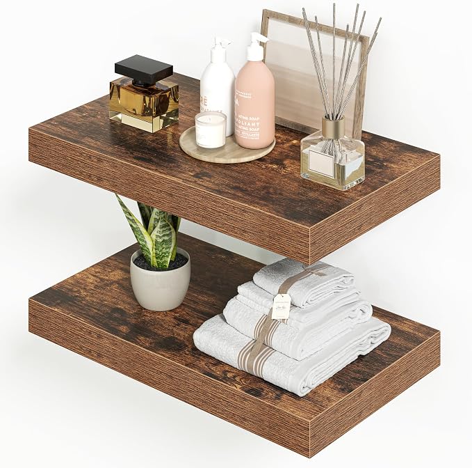 Heimlove 16 inchs Floating Shelves for Wall Set of 2,Shelf for Small Bathroom,Bedroom,Living Room,Kitchen,Modern Home Decor,Rustic Farmhouse Wall Shelves with Invisible Brackets,Rustic Brown