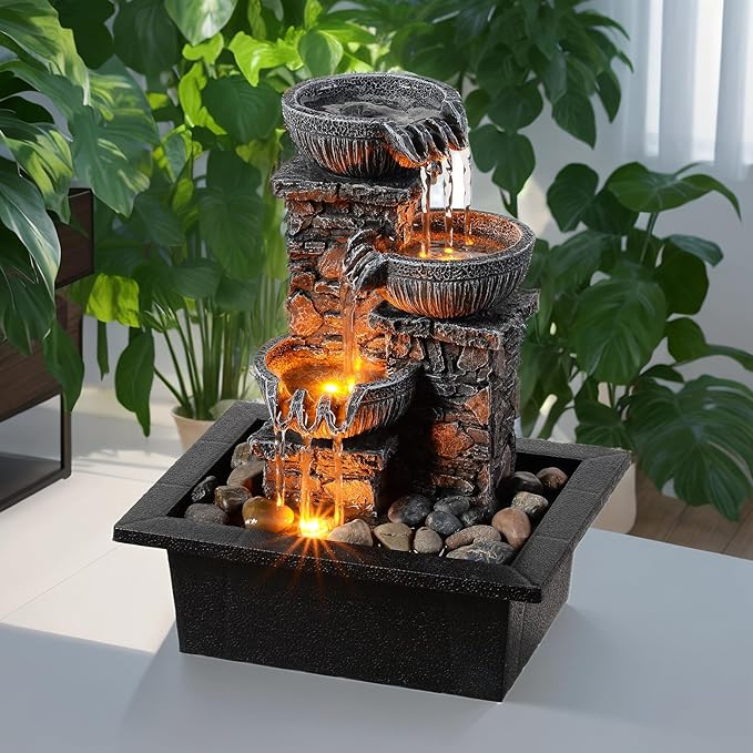 Kalona Tabletop Fountain 3 Bowls with LED Light Soothing Water Flowing Sound Fountain Zen/Meditation Home/Office Decor Home Décor Relaxation Indoor (23113)