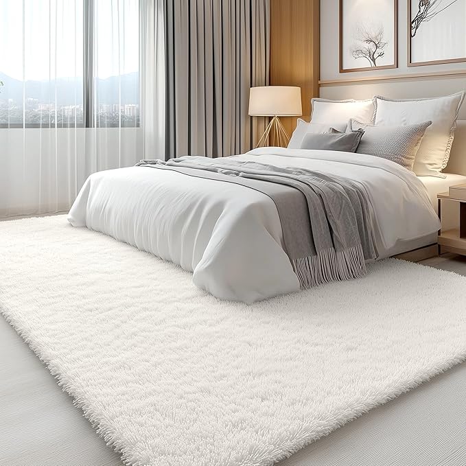 OLANLY 7x8 Machine Washable Large Area Rugs for Living Room, Bedroom, Soft Fluffy Shaggy Bedside Rug, Indoor Floor Carpet for Kids Girls and Boys, Dorms, Nursery, Home Decor Aesthetic, Ivory