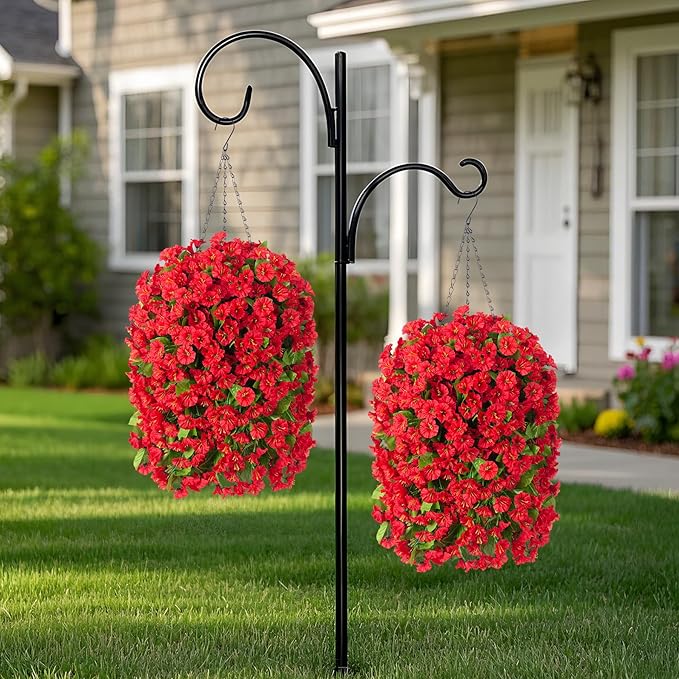 Ammyoo Artificial Faux Hanging Flowers Basket for Spring Summer Outdoor Outside Porch Decoration, Fake Silk Colorful Morning Glory Eucalyptus UV Resistant Look Real for Home Patio Balcony Yard(Red)
