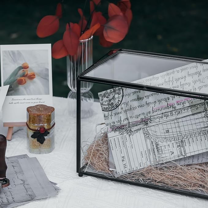 NCYP Small Wedding Glass Cards Box with Slot and Lock, 10.2 x 5.9 x 7.9 Inch, Black Geometric Cards Holder for Birthdays Party Reception, Wishing Well - Slot Length 6.3'' (Glass Box Only)