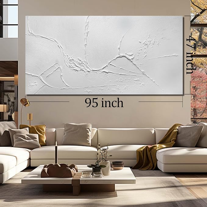 THRLVEART Large Paintings for Living Room White Abstract Art Wall Decor for Dining Room Huge Home Ofiice Decor 47 x 95 Inch