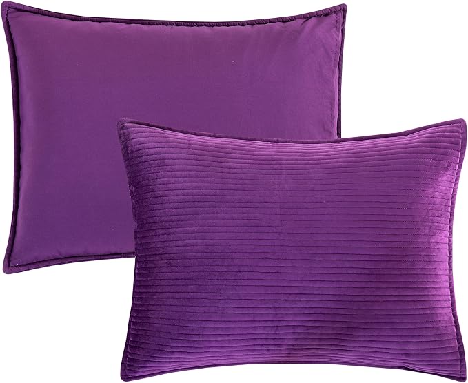 Elegant Comfort Luxury 3-Piece Velvet Corduroy Stripe Quilt Set, Ultra Soft Bedspread - Cozy Velvet Coverlet Set - 3PC Medium Weight Quilted Set with Matching Pillow Shams, Queen, Purple