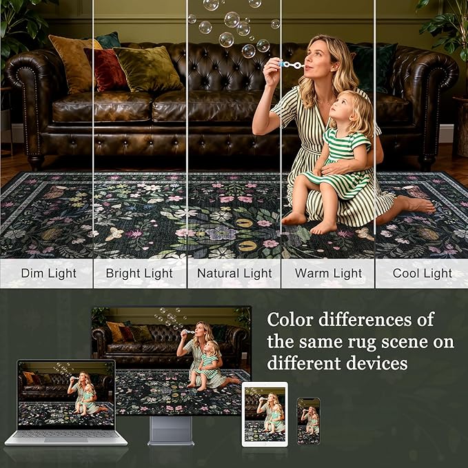9x12 Area Rugs Living Room Rug: Vintage Washable Rug Floral Soft Carpet Indoor Floor Non-Slip Boho Stain Resistant Large Carpets for Bedroom Kids Nursery Dining Room Farmhouse Home Office Black/C02