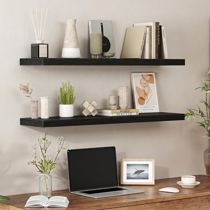 Heimlove 40 Inches Floating Shelves for Wall,9.3" Deep Black Long Floating Shelves Set of 2,Large Display & Storage Shelf,Wall Shelf for Bathroom Bedroom Living Room Kitchen Office