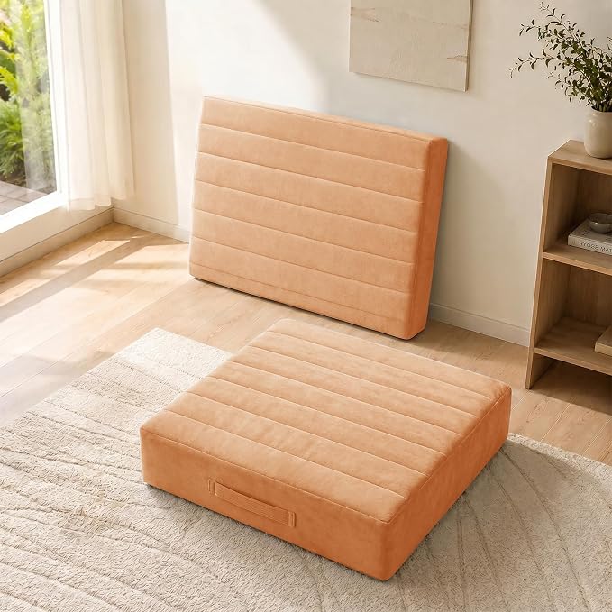 JKMAX 2 Pcs High Density Foam Floor Pillow - Upgraded Large Pillows Seating for Adults - Outdoor Floor Cushion with Soft Tufted Cover - Yoga Pillows for Sitting On Floor - 22 Inch Orange