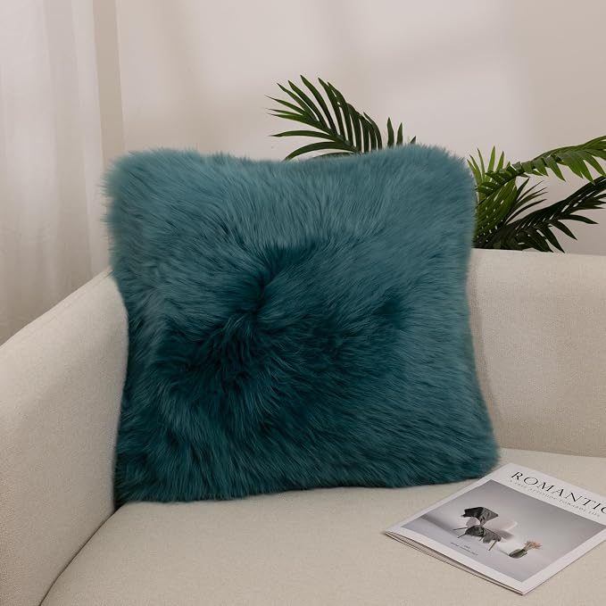 Luxury Soft Fur Sheepskin Fleece Cushion Cover Pillowcase Decorative Throw Pillows Covers, No Pillow Insert, 1pc (Peacock Blue, 18"×18")