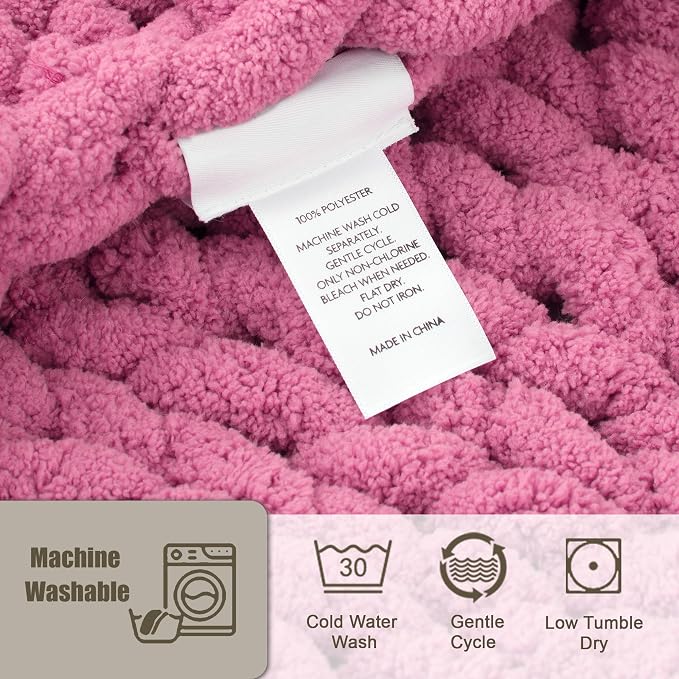 Chunky Knit Throw Blanket 50x60, 100% Handmade Chenille Yarn | 4.4lbs Soft Thick Cable Knitted Blankets, Large Rope Knot Crochet Throws for Couch Sofa Bed Machine Washable, Hot Pink