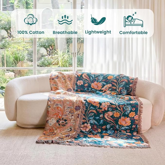 MSGKV Boho Throw Blanket for Couch 50"x60" Cotton Birds Floral Blanket Sofa Chair Blankets Muslin Summer Breathable All Seasons Lightweight Farmhouse Blankets Home Decor