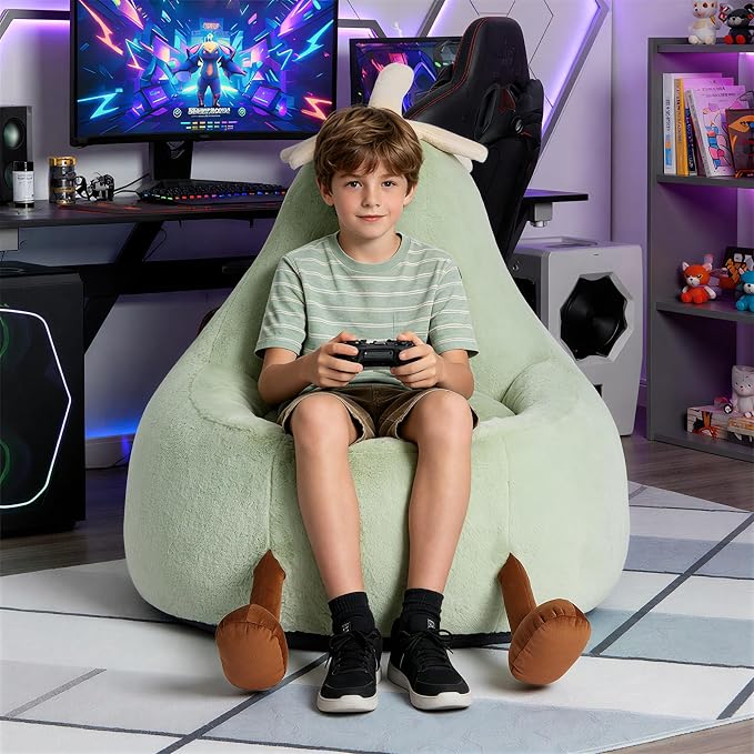 31 Inches Memory Foam Bean Bag Chair - Ultra Soft Faux Rabbit Fur Sofa with Handle & Machine Washable Cover, Comfy Lazy Chair for Kids Teens, Perfect for Reading Gaming in Living Room Bedroom，Green