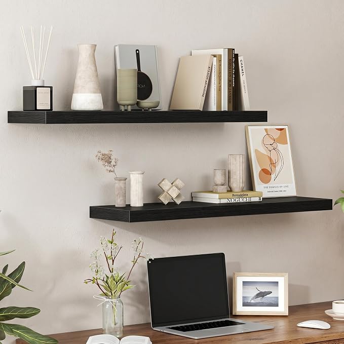 Heimlove Floating Shelves for Wall 36 Inches Long,9.3" Deep Black Floating Shelf Set of 2,Wall Mounted Shelves for Bathroom Bedroom Living Room Kitchen Office,Shelf for Books Storage,Home Decor