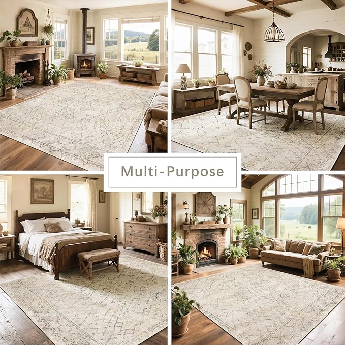 Srugn Washable Rugs 8x10 Area Rugs for Living Room,Bedroom,Dining Room- Large Ultra Soft Faux Wool Retro Carpet,Non Slip&Non-Shedding Low Pile Morocco Rug for Home Office Dorm Decor(Camel-Blue-Orange)
