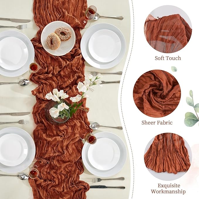 6 Pack Terracotta Cheesecloth Table Runner 10FT Long Boho Gauze Table Runner Rustic Sheer Runner for Spring Wedding Bridal Baby Shower Birthday Party Table Decor Home Thanksgiving Decor