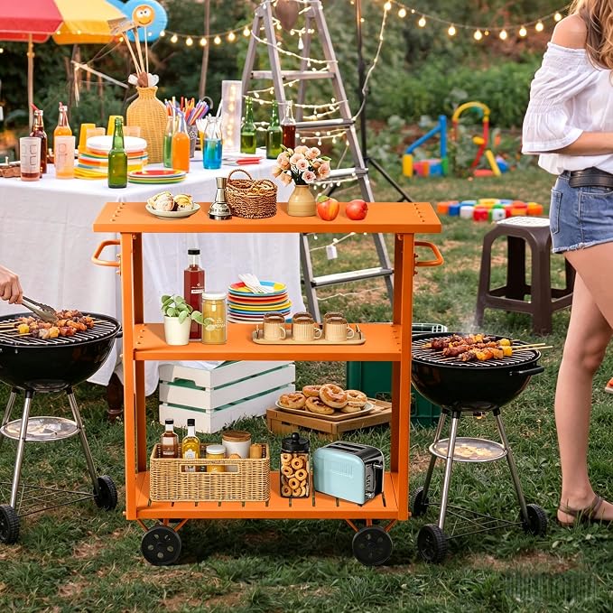 LOKKHAN Orange 3-Tier Metal Rolling Beverage Bar Cart | Waterproof Rustproof Serving Cart with Handle | 39.37 x 15.74 x 41 in | Indoor Use Outdoor Party Utility Storage Cart
