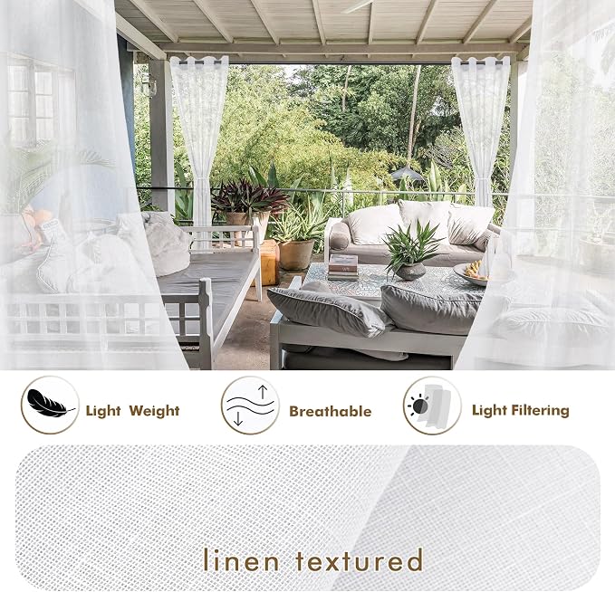 HolidayIdeas 4 Panels Outdoor Curtains for Patio-Linen Semi White Sheer Curtains for Patio Waterproof, Privacy Sun Light Indoor Outside Drapes for Gazebo, Pergola, Balcony, Pool, Backyard 54x95 Inch
