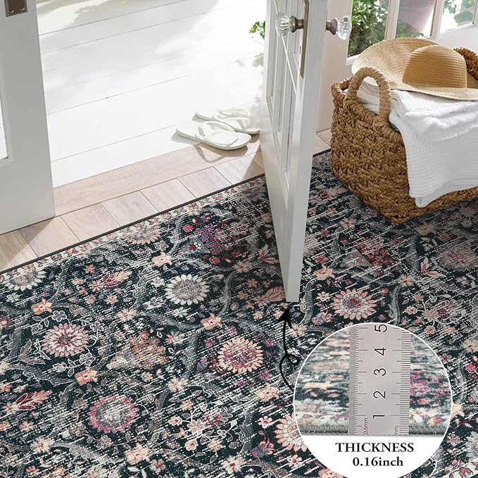 Lahome Moroccan Trellis Washable Round Rugs, Non-Slip Soft Round Rug 4ft Ultra-Thin, Small Vintage Circle Carpet for Entryway Kitchen Bedroom Nursery Bathroom Elise, Black/Multi