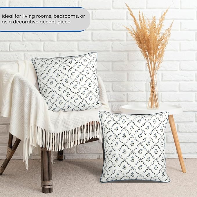 Ridhi Block Print Powder Blue Pillow Cover 20" x 20" (Pack of 2) Decorative Couch Pillows for Living Room, Chic Boho Cute Outdoor Pillows Covers Gifts for Spring, Easter and Valentine