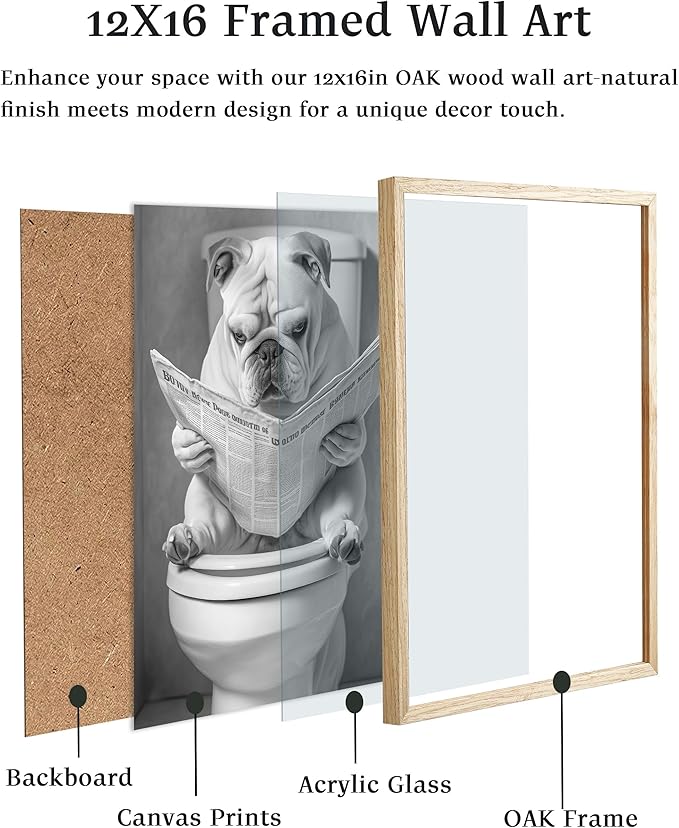 UPWOIGH Funny French Bulldog Oak Framed Canvas Wall Art, 12x16in Black and White Bathroom Humor Print, Modern Minimalist Dog Poster Wall Decor for Restroom or Kids Room, Funny Dog Lovers Gift,1Pack