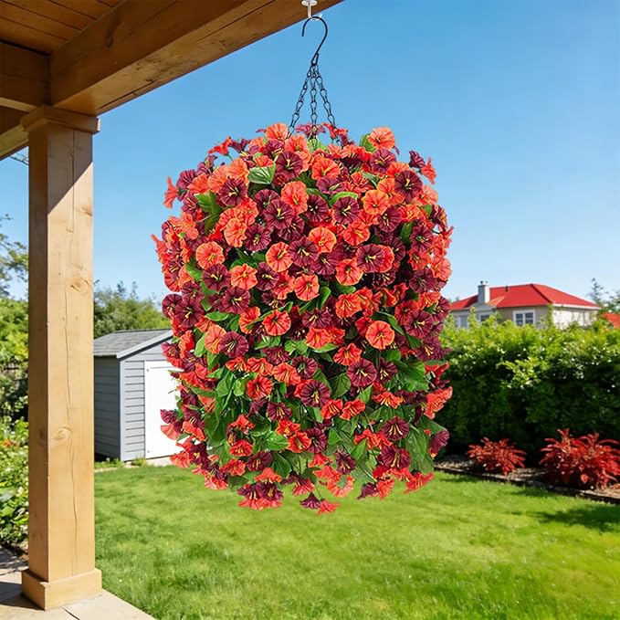 INXUGAO Artificial Flowers with Hanging Basket, Outdoor Faux Plants Silk Morning Glory Vines, Fake Green Arrangement for Garden Patio Spring Summer Decor(4pcs,Orange Brown)