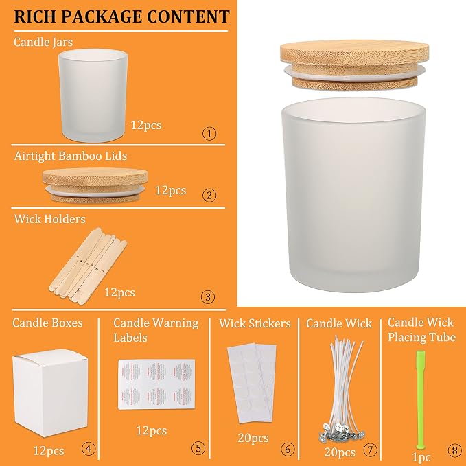 MILIVIXAY 12 Pack 12 OZ Frosted Glass Candle Jars with Lids and Candle Making Kits - Bulk Empty Candle Jars for Making Candles - Spice, Powder Containers.