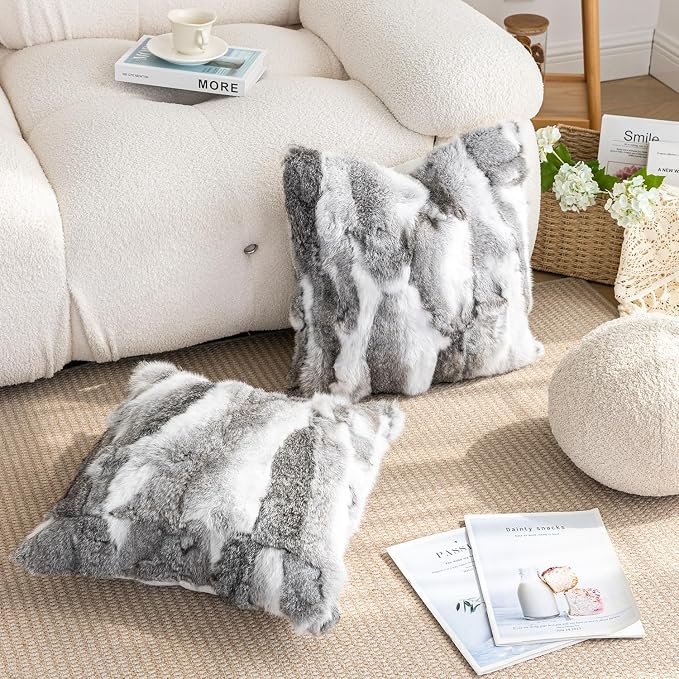 Genuine Rabbit Fur Throw Pillow Covers Set of 2, Luxury Decorative Pillowcases Soft Fluffy Animal Skin Accents Cushion Cover for Couch Sofa Bedroom Living Room Home,18x18 inch,Gray-White