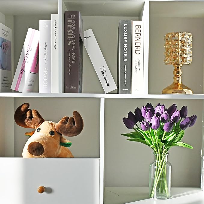 Mandy's Purple Artificial Tulips Flowers Centerpiece, 13.5" Lifelike PU Fake Floral Stems 20pcs for Kitchen Island & Dining Table, Spring Decor for Easter