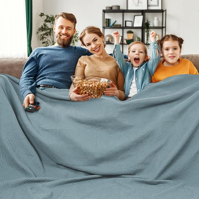 PHF 100% Cotton Waffle Weave Family Blanket Oversized King 120"*120", Pre-Washed Lightweight Breathable for Spring Summer, Machine Washable,10'x 10' Huge Extra Large Big, Home Decoration Gift - Ocean