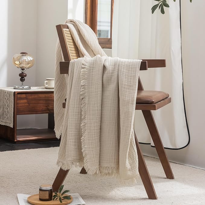 FOSSA Muslin Blanket 4-Layer 100% Cotton Gauze Blanket with Fringe 66"x90" | Super Soft Breathable Lightweight All Season & Decorative Blanket or Bed, Sofa, Office (Beige,Twin XL)