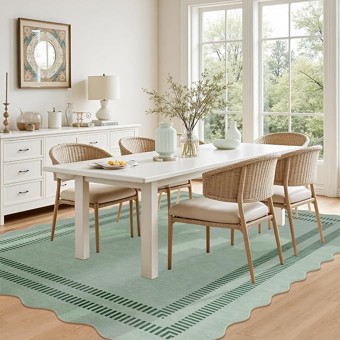 Scalloped Rug 5x7, Green Rugs for Living Room Ultra-Thin, Washable Area Rug Soft Rugs Non-Slip Throw Carpet for Bedroom ‎Dining Room Playroom