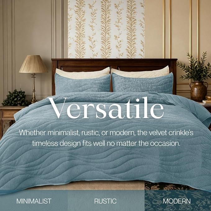 DOWN HOME Crinkle Textured Velvet Quilt Set with Shams, All-Season Luxury Modern Bedding,Easy Care Comforter,Ultra-Soft,Lightweight & Breathable, Queen, Celestial Blue