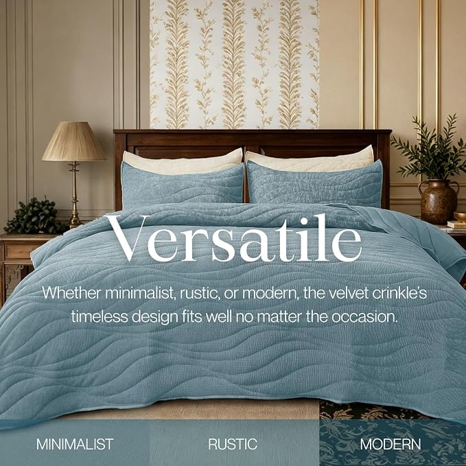 DOWN HOME Crinkle Textured Velvet Quilt Set with Shams, All-Season Luxury Modern Bedding,Easy Care Comforter,Ultra-Soft,Lightweight & Breathable, King, Celestial Blue