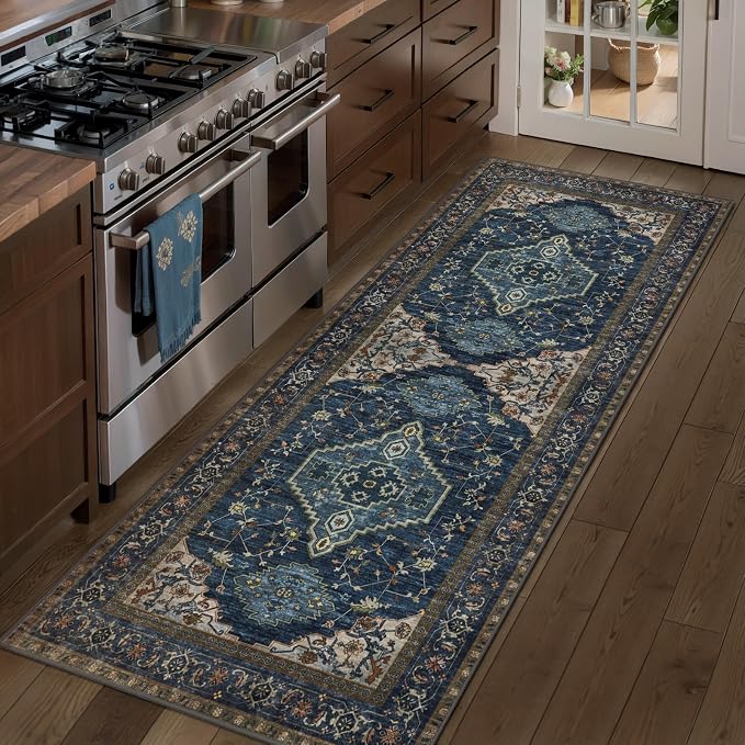 Tangsoo 2x6 Washable Runner Rug for Hallways, Non Slip Vintage Runner Rug, Soft Low Pile Long Rug Runner, Print Distressed Carpet Runners for Kitchen Bedroom Entryway Bathroom Living Room Dark Blue