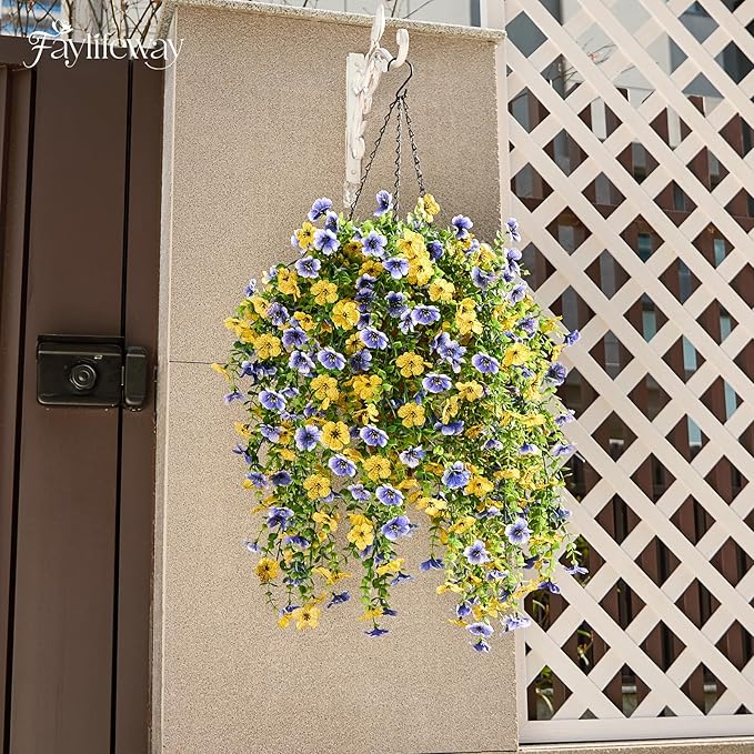 Artificial Hanging Flowers for Outdoors Spring Summer Decoration, 4PCS UV Resistant Silk Fake Hanging Plants for Patio Porch Front Yard Window Garden Indoor Decor(Blue&Yellow,4PCS)