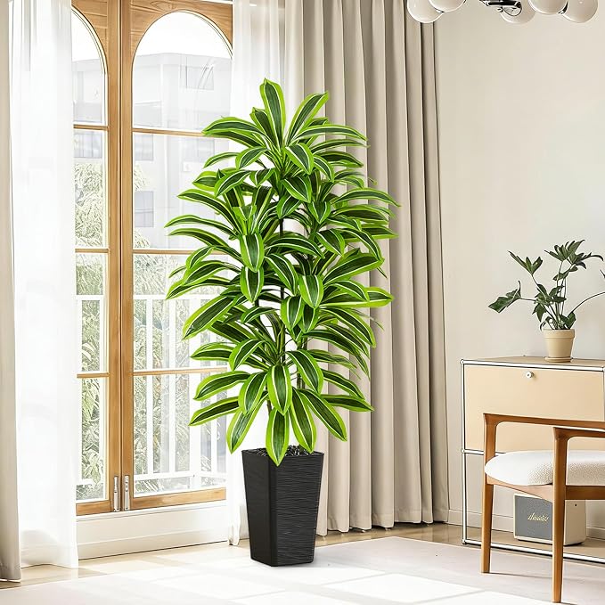 Artificial Yellow Dracaena Tree - 5FT Tall Fake Plants with Black Planter - Artificial Plants Indoor Floor Plant in Pot - Large Tropical Fake Yucca Potted Tree for Home Office Living Room Decor