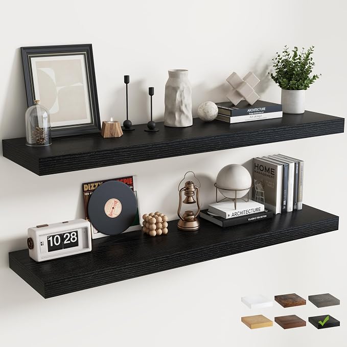 40 Inch Floating Shelves for Wall with Invisible Brackets Set of 2, 9"D Engineered Wood Wall Shelves with Wood Grain for Living Room, Bedroom, Bathroom, Kitchen Decor and Storage, Black Finish